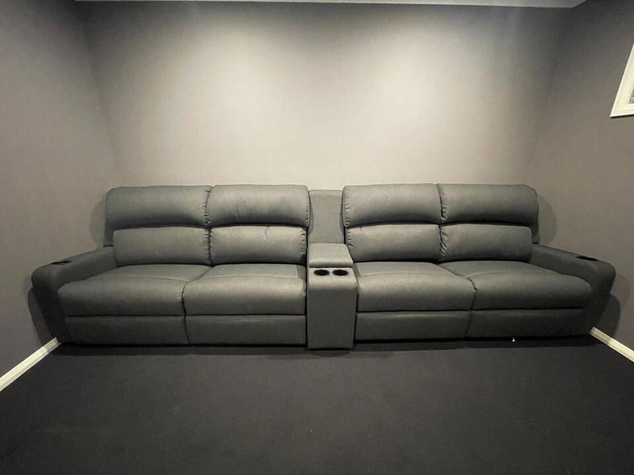 Presidential 4-seat home theatre recliner suite with a central 300mm wide storage console and cupholders