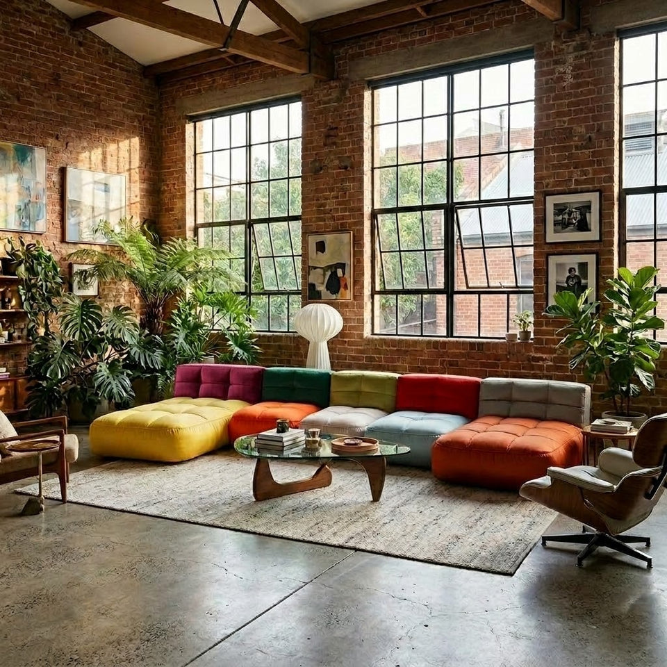 The Chamonix Eclectic Modular Lounge in Zepel Mont Blanc velvet-chenille, full 5-module double-chaise layout in a loft living room — Australian made in Sydney by Leisure Lounges