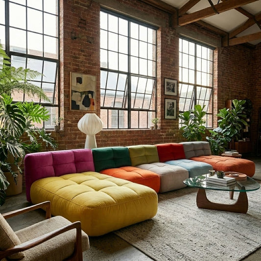 Three-quarter angle view of The Chamonix Eclectic Modular Lounge showing asymmetric left and right chaises and individual seat proportions in Zepel Mont Blanc colours