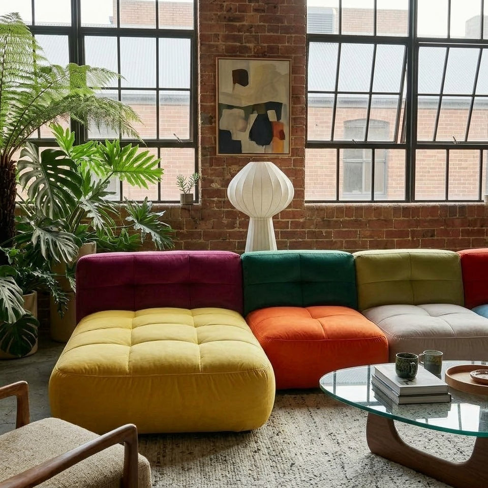 Front detail of The Chamonix Modular Lounge highlighting the deep grid-stitched left chaise and contrasting Zepel Mont Blanc backrests