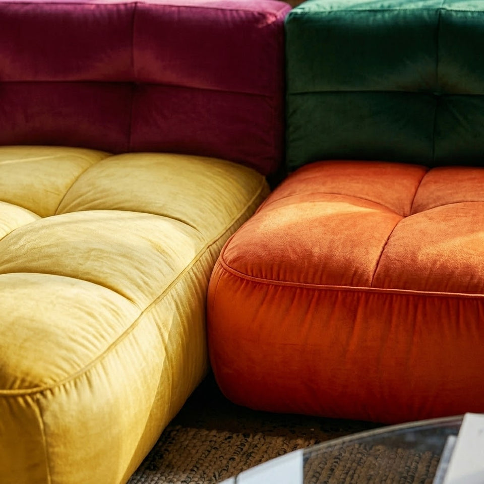Close-up of the tailored piping, deep grid tufting, and directional Zepel Mont Blanc velvet-chenille pile on The Chamonix Modular Lounge