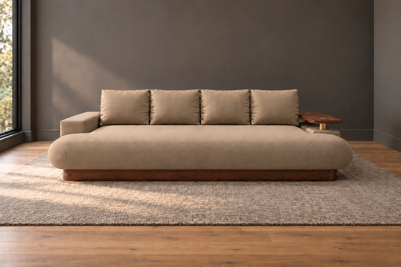 Taupe DreamCloud daybed with four back cushions, timber plinth and floating table in a media-room setting.