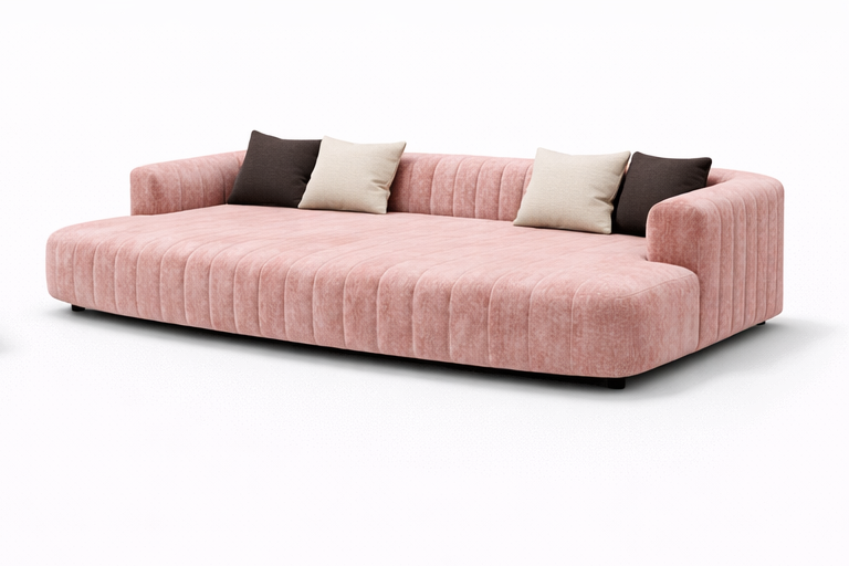 Custom size Orpheus theatre daybed in blush velvet, deep lounge profile for theatre rooms