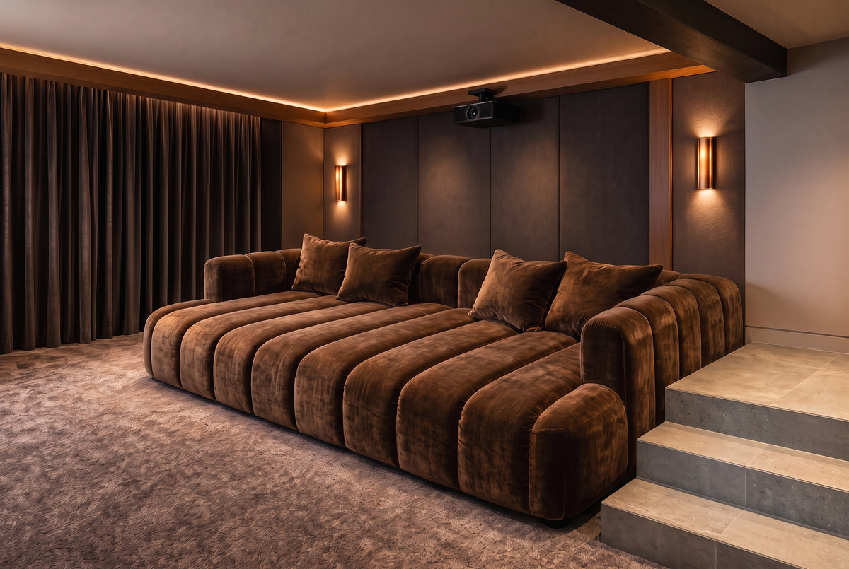 Orpheus Theatre Daybed upholstered in deep chocolate velvet in a dedicated home media room.