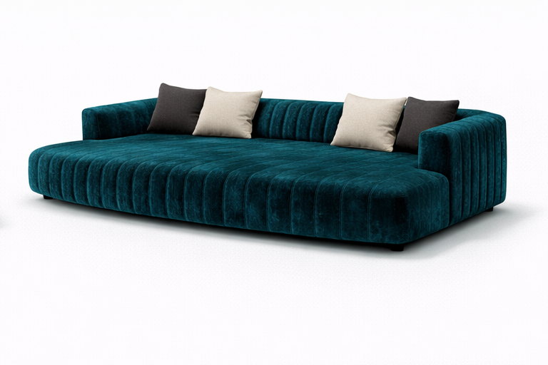 Australian made Orpheus theatre daybed in emerald velvet with wraparound back and channel detailing