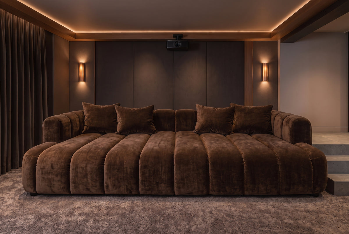Front profile of the Australian-made Orpheus Theatre Daybed showing deep diamond-tufted backrest and wide lounging deck.