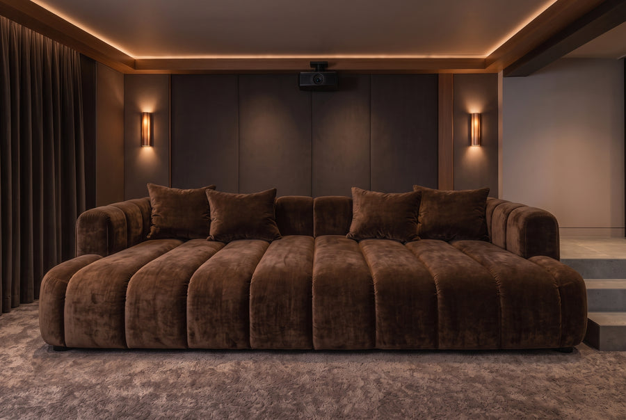 Orpheus theatre daybed with broad upholstered channels in rich chocolate velvet