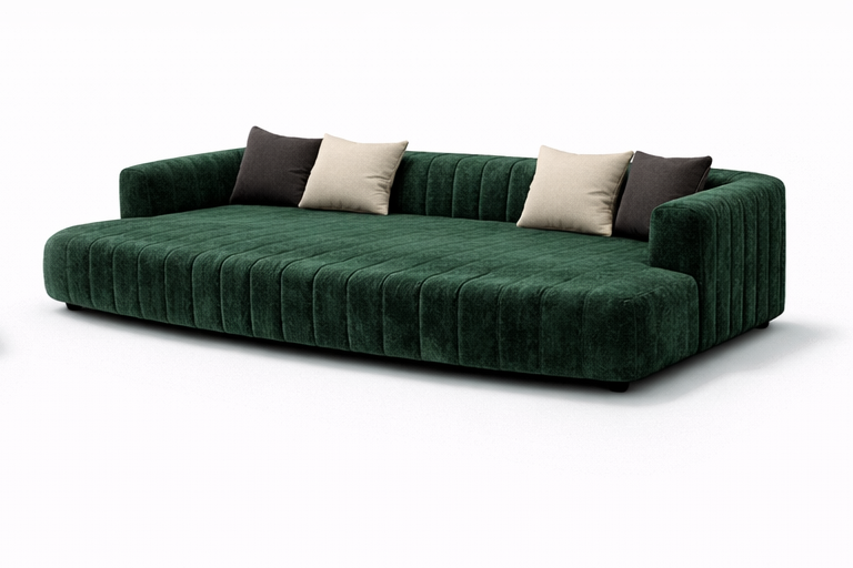 Orpheus theatre daybed in green velvet with channelled upholstery and cocooned arms