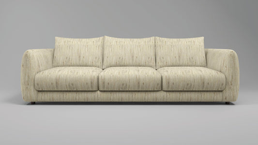 Front view of the cream Serene sofa with rounded arms and two broad seat cushions.
