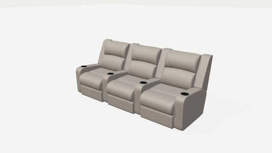 Presidential home theatre starting design with three connected recliners and shared arms in a 3D preview